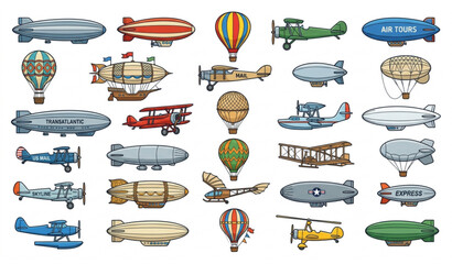 Retro Dirigible and Hot Air Balloon Vector Set with Vintage Airships and Colorful Aviation Transport © MDSAKIB