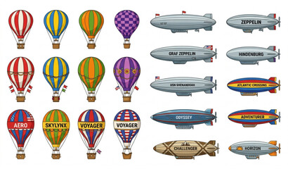 Vintage Hot Air Balloons and Zeppelin Airships Vector Collection with Retro Aviation Elements © MDSAKIB