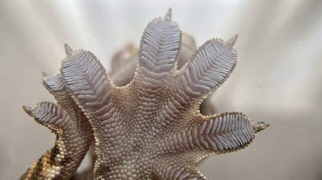 Close up view of lizard foot showing detailed toe pads used for climbing smooth vertical surfaces.