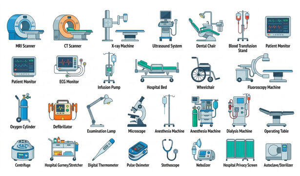 Healthcare Diagnostic Equipment Vector Set with Hospital Machines Medical Devices and Clinic Technology