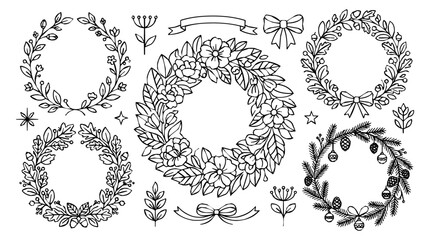 Fototapeta premium Hand-drawn botanical floral wreath and decorative frame collection for wedding invitation design