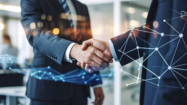  Business partnership handshake with digital network technology and corporate collaboration concept