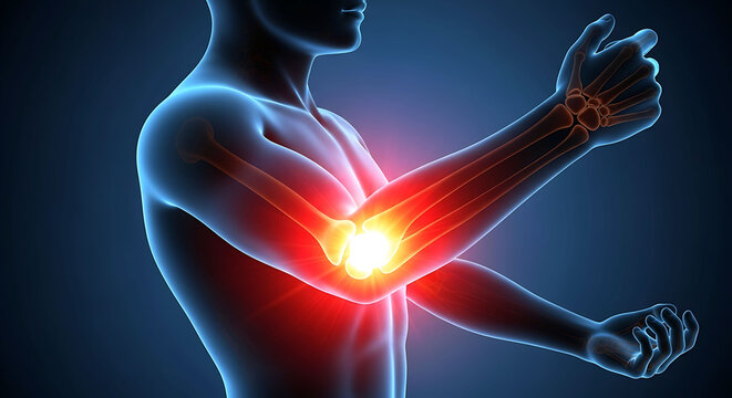 Human elbow joint pain 3D anatomy illustration of arm bone inflammation
