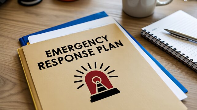  Emergency response plan document on office desk for risk management and safety preparedness