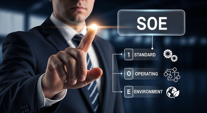 Businessman pointing at SOE Standard Operating Environment digital screen concept