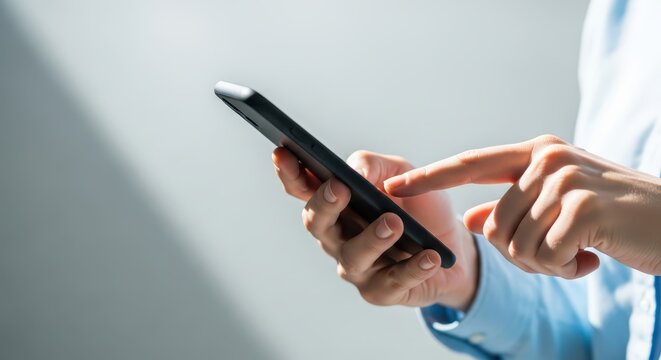 Close-up of a person's hands using a smartphone, tapping the screen, mobile technology concept in a bright office setting.