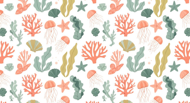 Colorful seamless pattern with jellyfish corals and seaweed on a dark background, for nautical themed, fabric and wallpaper surface isolated on a transparent background