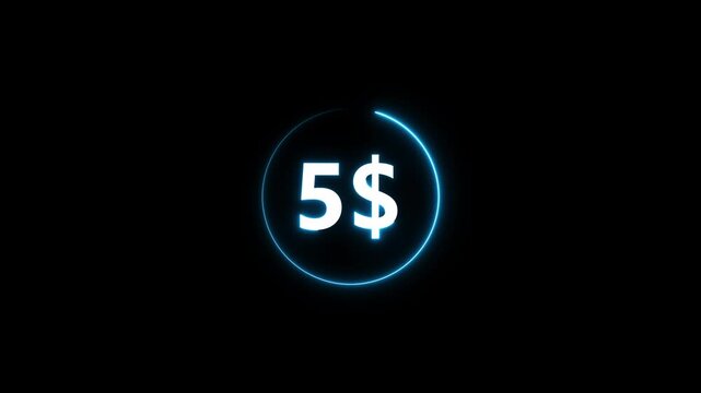 Glowing blue five dollar sign neon circle on black background glowing blue dollar sign five dollar symbol