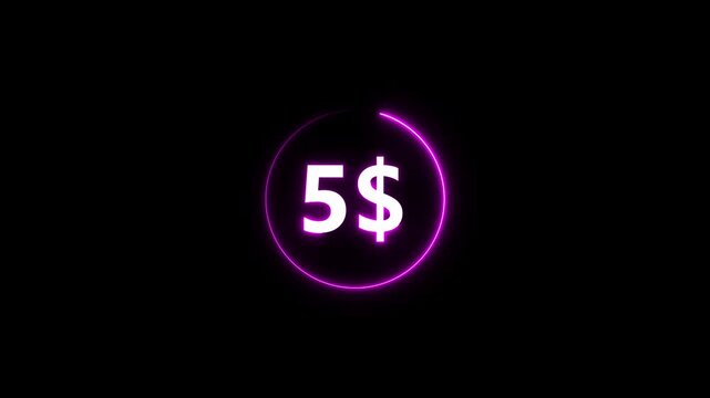 Glowing purple five dollar sign neon circle on black background neon dollar sign purple neon glowing five dollar sign