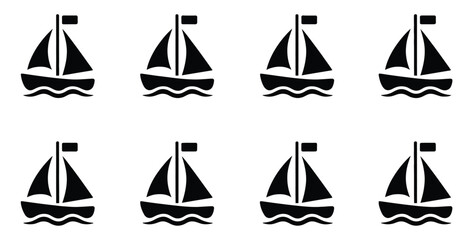Historic sailboat icon collection, traditional sailing vessels, maritime heritage symbols, classic wooden ships, nautical transportation graphics, ocean navigation elements, vintage seafaring icons. © vector001