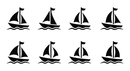 Historic sailboat icon collection, traditional sailing vessels, maritime heritage symbols, classic wooden ships, nautical transportation graphics, ocean navigation elements, vintage seafaring icons. © vector001