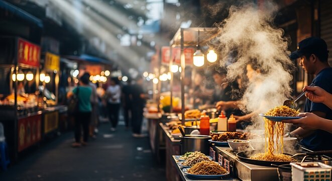 Vibrant Night Market Scene with Food Stalls and Crowds.