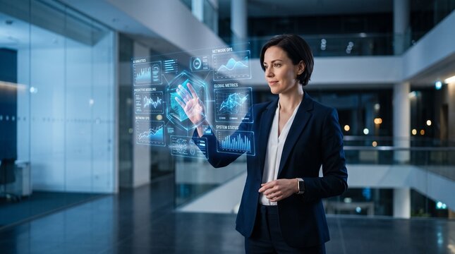 Human interacting with futuristic AI interface hologram, clean business environment, ultra realistic, soft blue lighting, isolated background, copy space, high tech concept, 8k