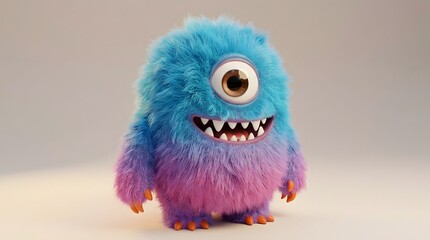 Fototapeta premium Cute fluffy oneeyed monster character with blue and purple fur