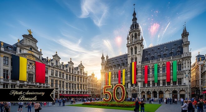 Belgian City Square Celebrating 50 Years with Flags and Decorations.