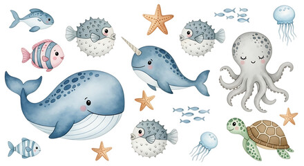 Fototapeta premium Cute watercolor sea animals collection featuring a whale narwhal octopus turtle and various fish for kids educational projects and nursery decor isolated on a transparent background