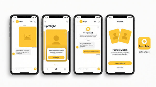 Bumble Dating App UI on iPhone Mockup showing Chat Interface, Profile Match Screens, Spotlight Feature and Compliment Notifications in Modern Yellow Branding Layout for Mobile Application Design
