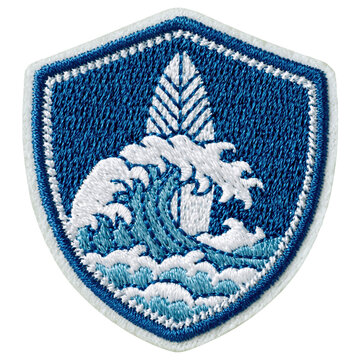 Embroidered ocean wave patch with shield shape embroidery and blue thread crest