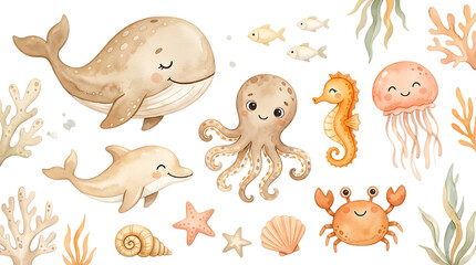 Fototapeta premium Hand drawn watercolor marine animals set featuring whale dolphin octopus seahorse jellyfish crab and shells for nautical themed isolated on a transparent background