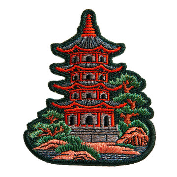 Embroidered pagoda patch with red roof and green foliage creating serene oriental scene