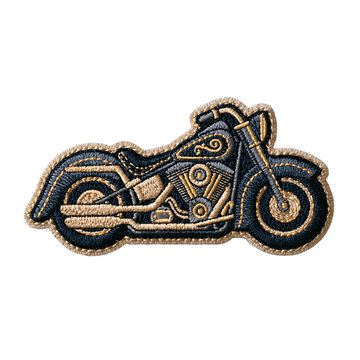 Embroidery patch motorcycle emblem with gold stitching on dark fabric evokes vintage ride