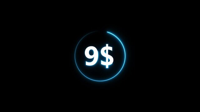 Glowing neon dollar sign nine price tag animation nine dollars
