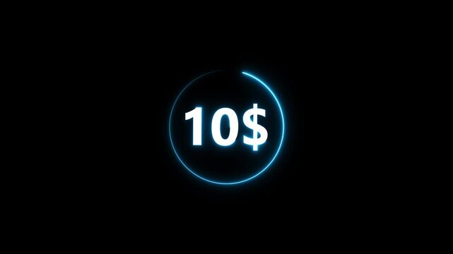 Glowing blue dollar sign ten dollars neon circle on black background neon dollar sign glowing blue circle