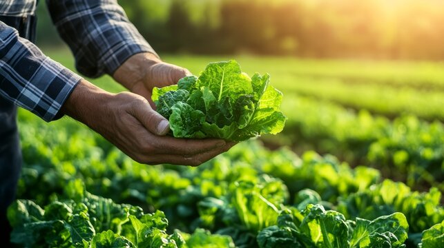 Farmer Harvests Fresh Lettuce: A farmer's hands gently cup a vibrant head of lettuce, showcasing the fresh produce grown in a sun-drenched field. The soft glow of sunset illuminates the verdant rows.