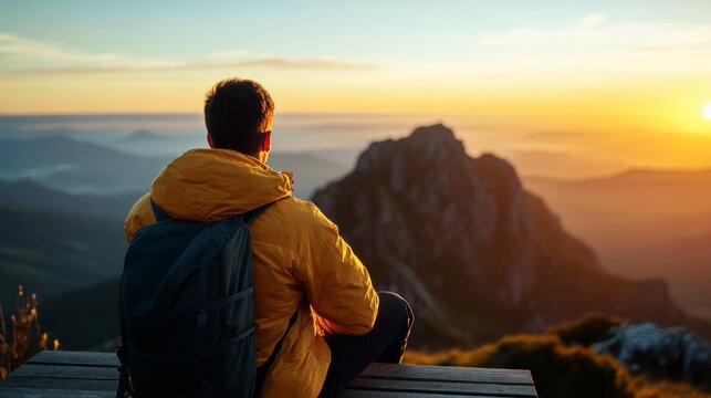 Summit Serenity: A lone hiker sits on a mountain peak, silhouetted against a vibrant sunset, gazing out at the breathtaking panorama of rolling hills and distant peaks.