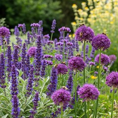 Fototapeta premium Vivid Purple Lavender and Allium Flowers in Bloom in Garden Scene.