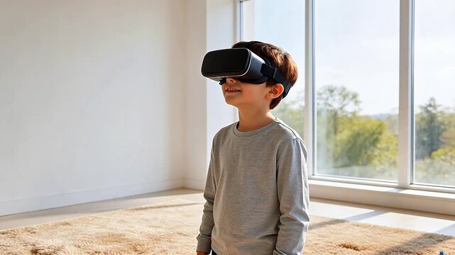 Child wearing VR headset in room