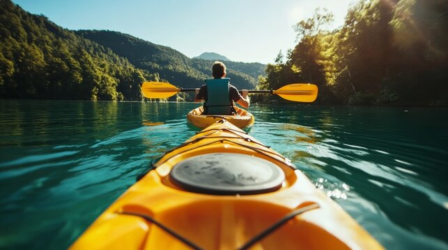 Kayaking Adventure on a Serene Lake: Two kayaks glide across the calm, turquoise waters of a scenic lake, surrounded by lush green mountains and trees, bathed in the warm light of the sun.