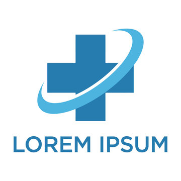 Blue cross medical symbol with swirl and lorem ipsum text icon