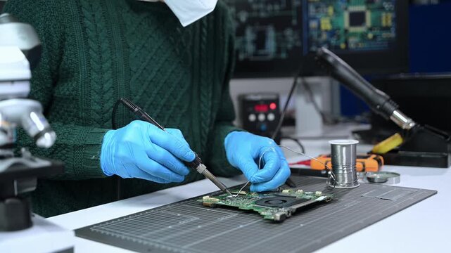 Closeup of expert soldering a green PCB board using precision tools. Ideal for electronics, circuit repair, engineering, tech
