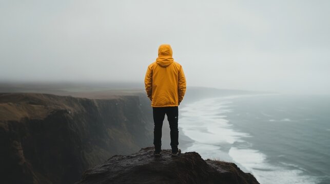 Solitude on the Cliff's Edge: A solitary figure clad in a bright yellow hooded jacket stands on a rugged cliff overlooking a stormy sea, embodying contemplation and the raw power of nature.