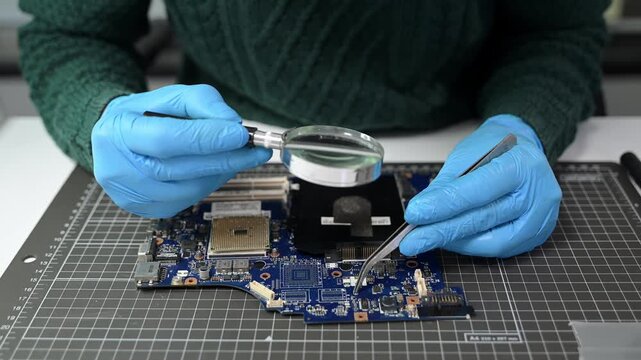 Technician installing a CPU on a motherboard. Computer hardware repair, semiconductor technology, electronics engineering and IT maintenance concept.