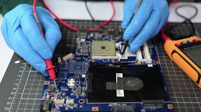 Technician installing a CPU on a motherboard. Computer hardware repair, semiconductor technology, electronics engineering and IT maintenance concept.
