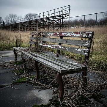 Abandoned Park Bench with Overgrown Surroundings and Rusted Playground Structure.
