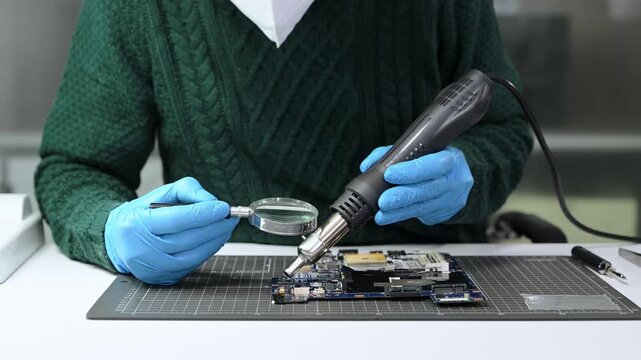The technician repairing the motherboard in the lab with copy space. the concept of computer hardware, mobile phone, electronic, repairing, upgrade