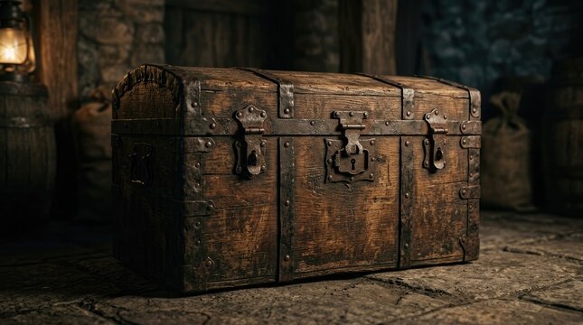 A dark, weathered wooden chest sits prominently in a dimly lit stone room. The chest is secured with ornate metal hinges and a sturdy lock.