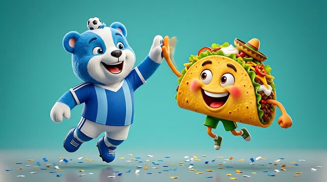 Soccer champion mascot and taco celebrate sports victory 