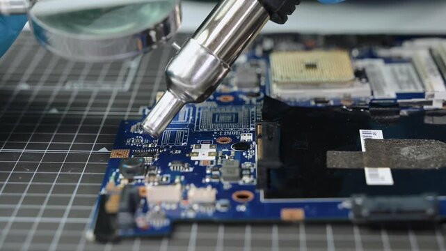 The technician repairing the motherboard in the lab with copy space. the concept of computer hardware, mobile phone, electronic, repairing, upgrade