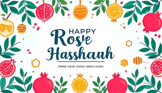 A vibrant digital illustration celebrating a Jewish holiday with colorful pomegranates, flowers, and honeycombs