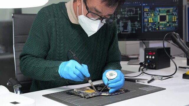 Senior technician soldering a circuit board on workbench. Blue gloves, precision tools, and electronics gear highlight real people