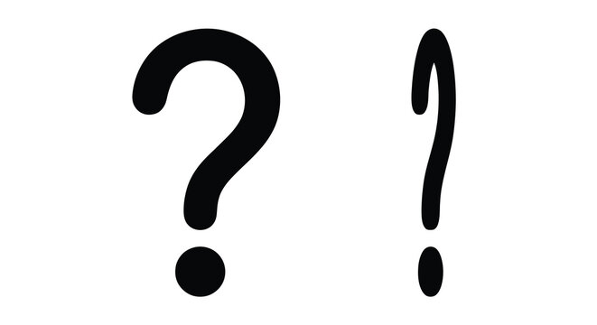 Two black question mark and exclamation point silhouettes against a white background silhouette punctuation symbols signs interrogation inquiry