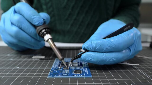 Closeup of expert soldering a green PCB board using precision tools. Ideal for electronics, circuit repair, engineering, tech