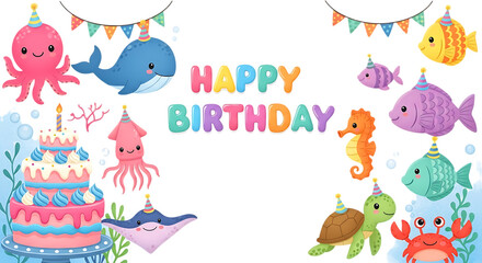Fototapeta premium Cute ocean animals birthday party with colorful sea creatures and cake for kids celebration and decorative greeting card isolated on a transparent background