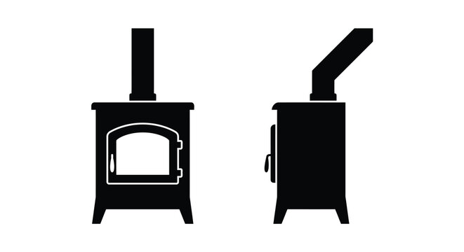 Two black silhouettes of wood burning stoves with chimneys and doors against a white background silhouette stove woodburning