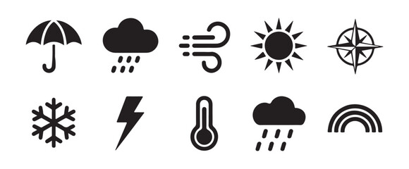 Naklejka premium Diverse Weather Icons Set: Flat Black and White Vector Symbols for Forecast and Climate Conditions