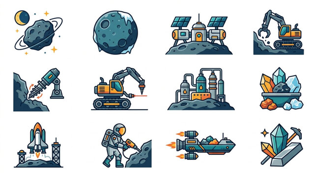 Space mining and exploration icons set.